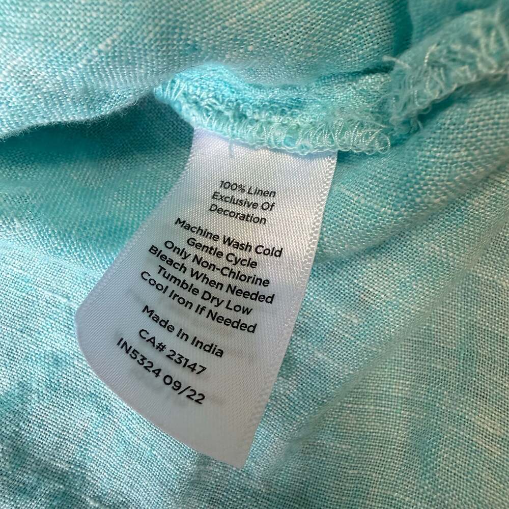 Talbots 100% Linen Tassel Top Aqua Blue Boho Coastal Cottagecore Chic Sumner - Picture 4 of 6